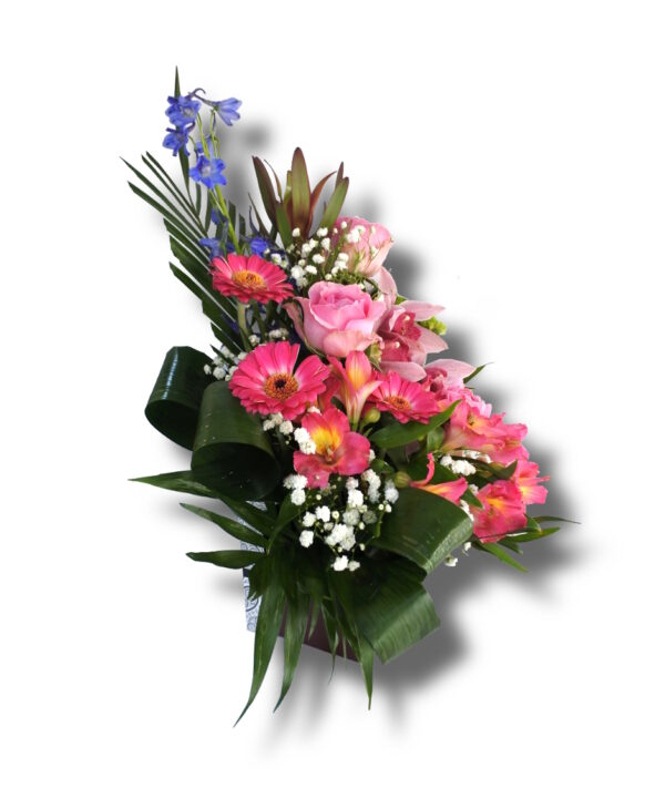 Aranjament floral in cutie de cadou din Trandafir, Orhidee, Gerbera, Delfin, Astromelia, Leucadendron, Santini